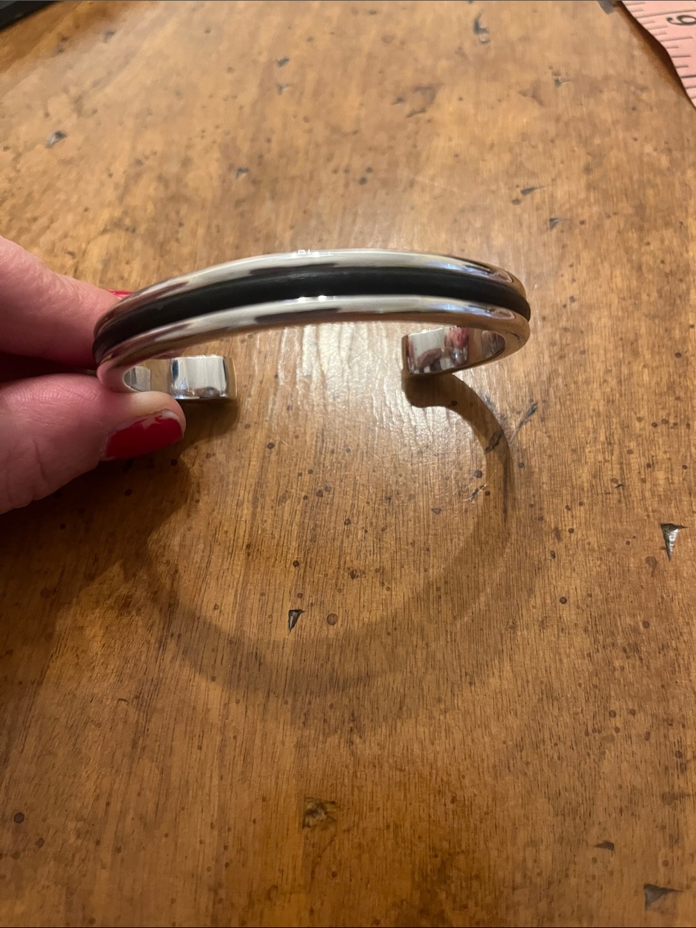Vintage RLL Ralph Lauren Black Leather Accented Silver Tone Cuff Bangle Bracelet